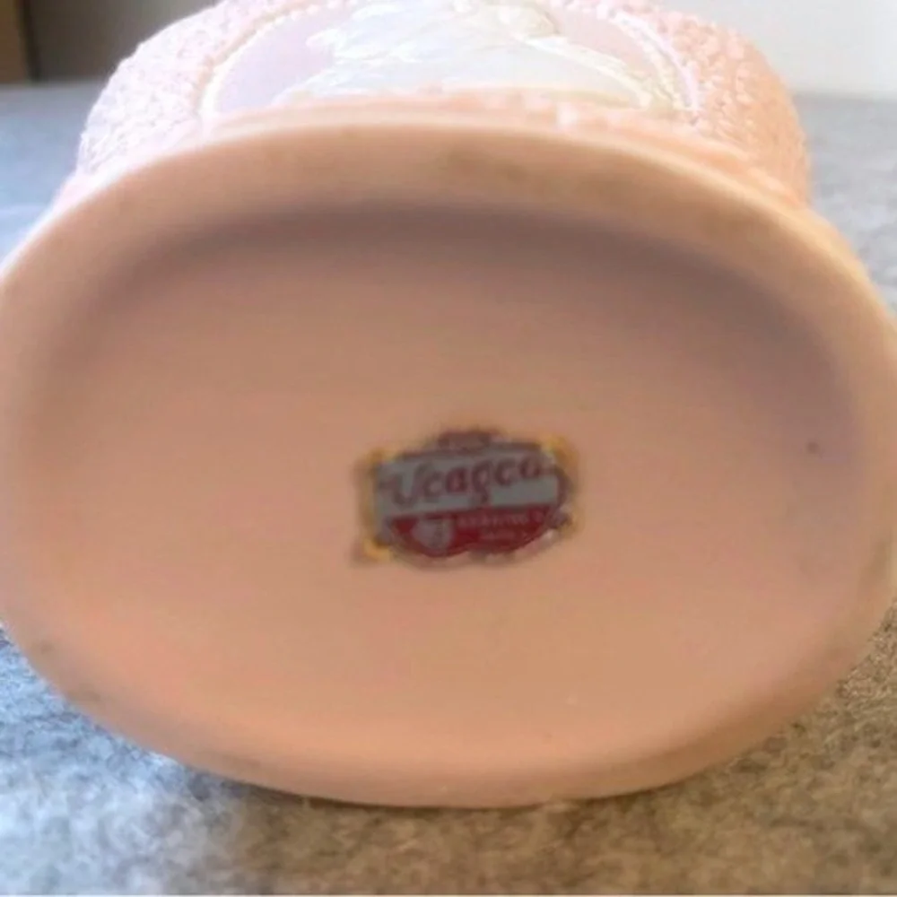 Ucagco Pink Jasperware‎ Style Porcelain Cameo Basket Vase ** VINTAGE 1950'S